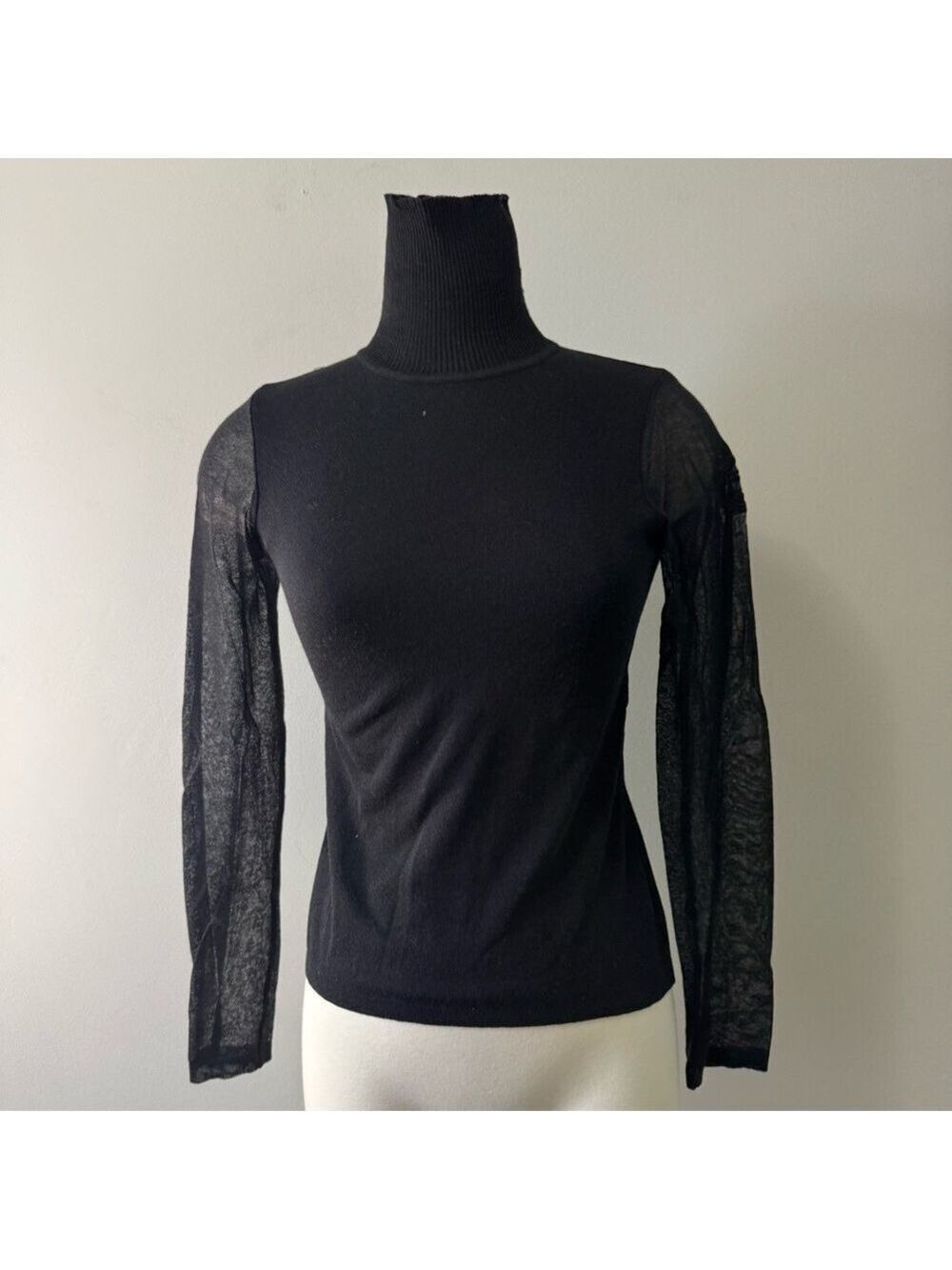 Versace Black Top with Sheer Sleeves Merino Wool XS fit small